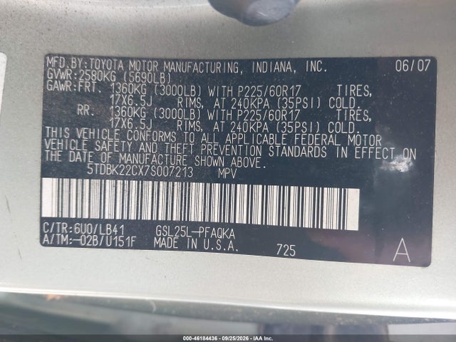 2007 Toyota Sienna Xle Limited მანქანა იყიდება აუქციონზე, vin: 5TDBK22CX7S007213, აუქციონის ნომერი: 46184436