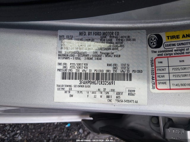 2012 Ford Fusion Se მანქანა იყიდება აუქციონზე, vin: 3FAHP0HG7CR325691, აუქციონის ნომერი: 46184448