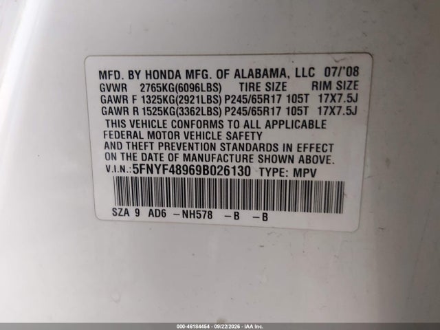 Продаж на аукціоні авто 2009 Honda Pilot Touring, vin: 5FNYF48969B026130, номер лоту: 46184454