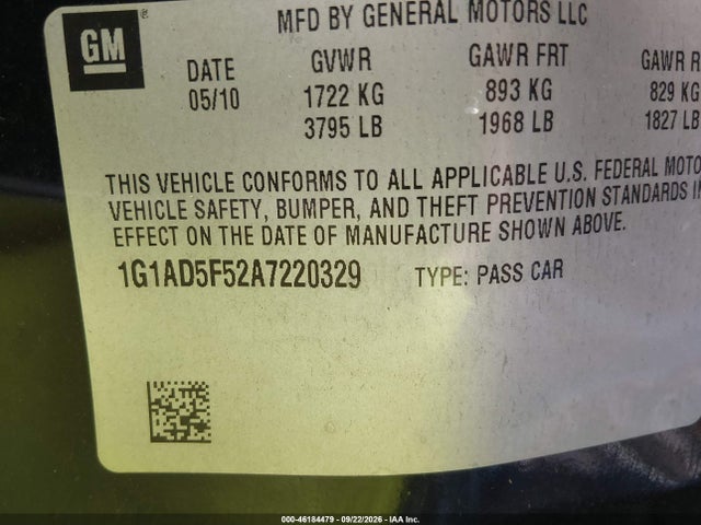 Продаж на аукціоні авто 2010 Chevrolet Cobalt Lt, vin: 1G1AD5F52A7220329, номер лоту: 46184479