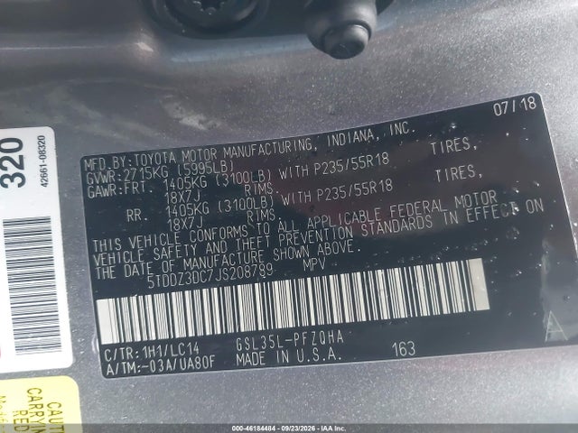 Продажа на аукционе авто 2018 Toyota Sienna Xle Premium 7 Passenger, vin: 5TDDZ3DC7JS208789, номер лота: 46184484