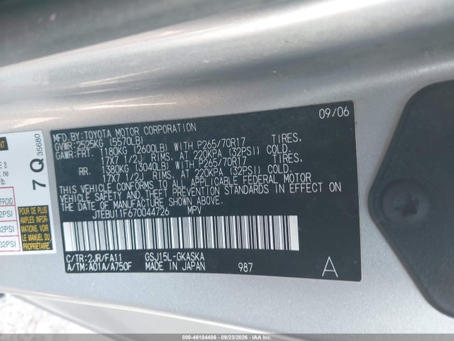 46184486 :رقم المزاد ، JTEBU11F670044726 vin ، 2007 Toyota Fj Cruiser مزاد بيع