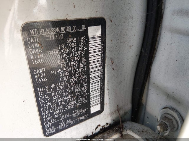 Aukcja sprzedaży 2011 Nissan Cube 1.8sl, vin: JN8AZ2KRXBT202724, numer aukcji: 46184494
