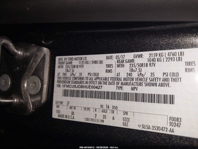 2017 Ford Escape Titanium მანქანა იყიდება აუქციონზე, vin: 1FMCU9JD8HUE00427, აუქციონის ნომერი: 46184512
