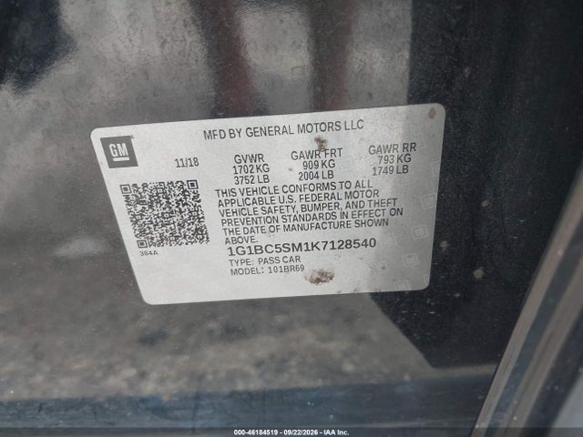 Aukcja sprzedaży 2019 Chevrolet Cruze Ls, vin: 1G1BC5SM1K7128540, numer aukcji: 46184519