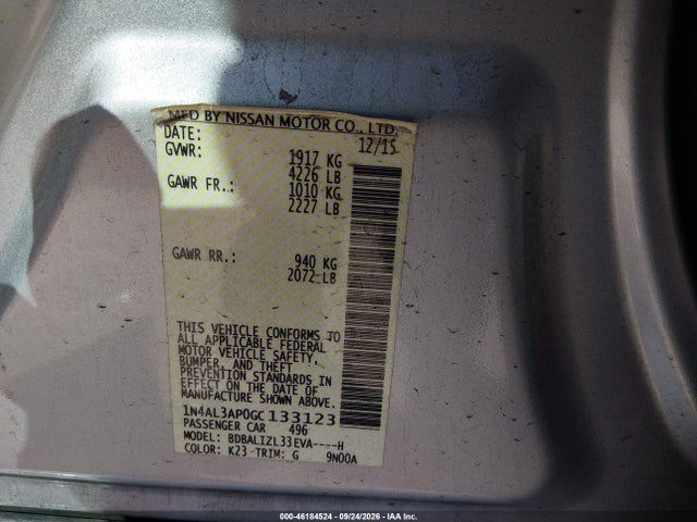 1N4AL3AP0GC133123 Nissan Altima 2.5 Sv