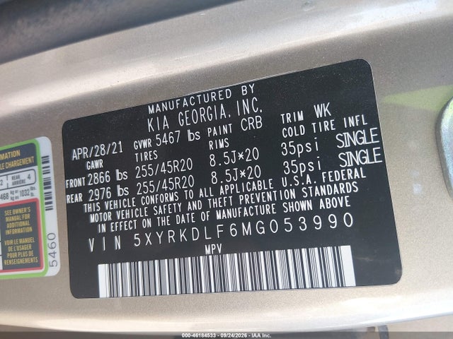 2021 Kia Sorento Sx მანქანა იყიდება აუქციონზე, vin: 5XYRKDLF6MG053990, აუქციონის ნომერი: 46184533