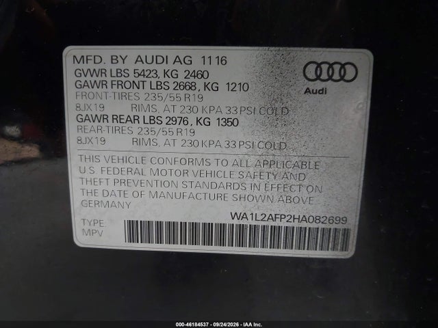 46184537 :رقم المزاد ، WA1L2AFP2HA082699 vin ، 2017 Audi Q5 2.0t Premium مزاد بيع