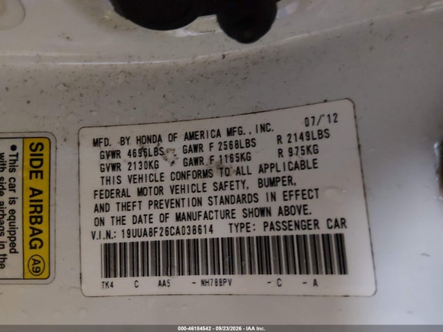 46184542 :رقم المزاد ، 19UUA8F26CA038614 vin ، 2012 Acura Tl 3.5 مزاد بيع