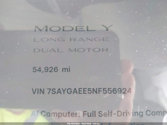 Продаж на аукціоні авто 2022 Tesla Model Y Long Range, vin: 7SAYGAEE5NF556924, номер лоту: 46184544