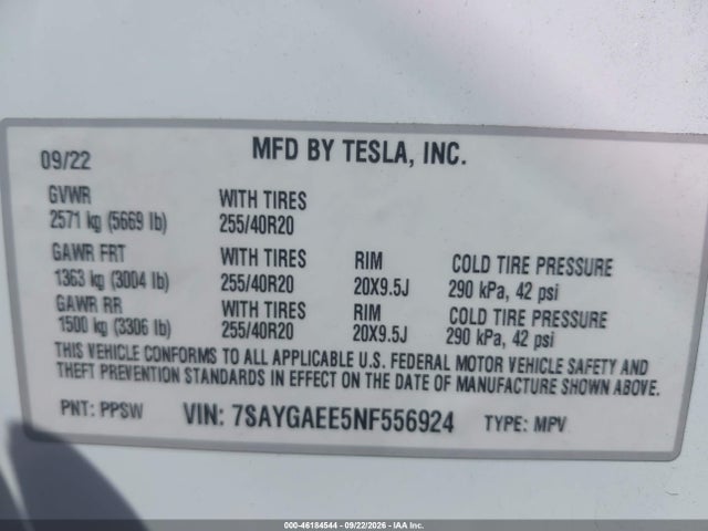Продаж на аукціоні авто 2022 Tesla Model Y Long Range, vin: 7SAYGAEE5NF556924, номер лоту: 46184544