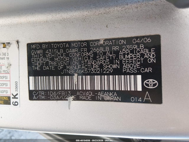 Продаж на аукціоні авто 2007 Toyota Camry Le, vin: JTNBE46K573021229, номер лоту: 46184556