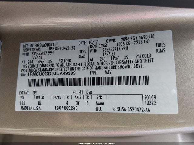 46184563 :رقم المزاد ، 1FMCU0GD0JUA49909 vin ، 2018 Ford Escape Se مزاد بيع