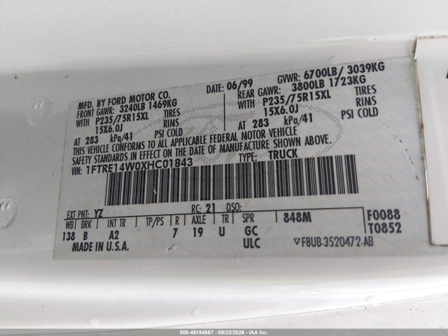 1999 Ford E-150 Commercial/recreational მანქანა იყიდება აუქციონზე, vin: 1FTRE14W0XHC01843, აუქციონის ნომერი: 46184567
