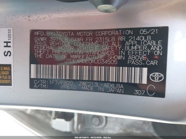 Aukcja sprzedaży 2021 Toyota Corolla Hybrid Le, vin: JTDEAMDE0MJ034505, numer aukcji: 46184615
