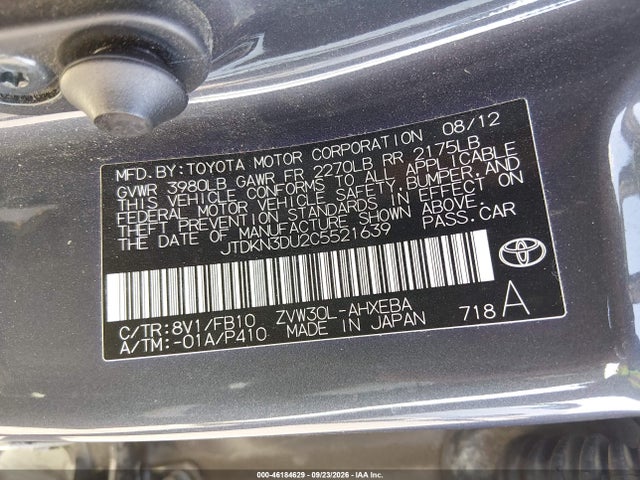 Продаж на аукціоні авто 2012 Toyota Prius Two, vin: JTDKN3DU2C5521639, номер лоту: 46184629