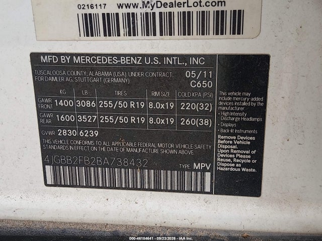 Продаж на аукціоні авто 2011 Mercedes-benz Ml 350 Bluetec 4matic, vin: 4JGBB2FB2BA738432, номер лоту: 46184641