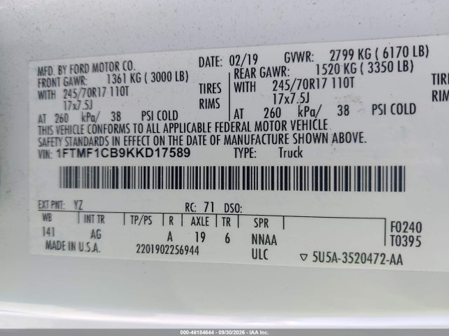 2019 Ford F-150 Xl მანქანა იყიდება აუქციონზე, vin: 1FTMF1CB9KKD17589, აუქციონის ნომერი: 46184644