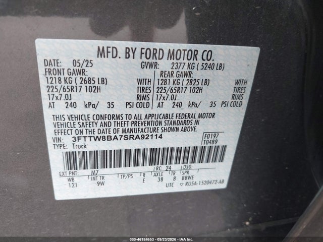 46184653 :رقم المزاد ، 3FTTW8BA7SRA92114 vin ، 2025 Ford Maverick Xl مزاد بيع