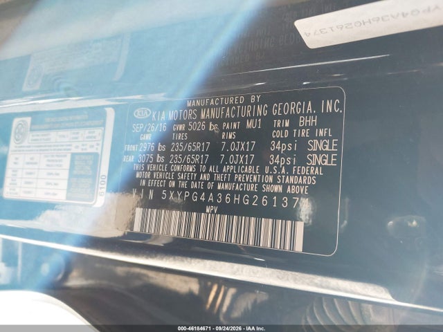 46184671 :رقم المزاد ، 5XYPG4A36HG261374 vin ، 2017 Kia Sorento 2.4l Lx مزاد بيع