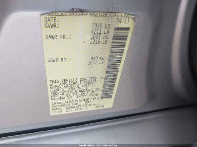 Aukcja sprzedaży 2013 Nissan Altima 2.5 S, vin: 1N4AL3AP2DN548105, numer aukcji: 46184689