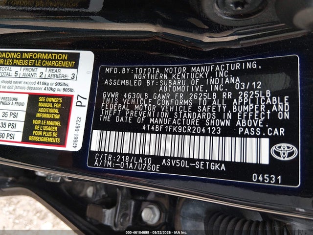 46184698 :رقم المزاد ، 4T4BF1FK9CR204123 vin ، 2012 Toyota Camry Xle مزاد بيع