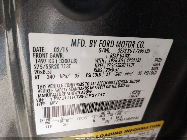2015 Ford Expedition Limited მანქანა იყიდება აუქციონზე, vin: 1FMJU1KT8FEF27717, აუქციონის ნომერი: 46184705