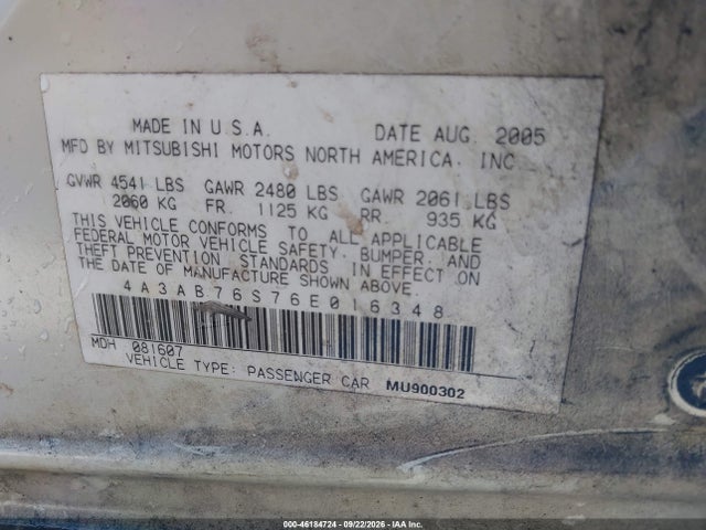 Aukcja sprzedaży 2006 Mitsubishi Galant Gts, vin: 4A3AB76S76E016348, numer aukcji: 46184724