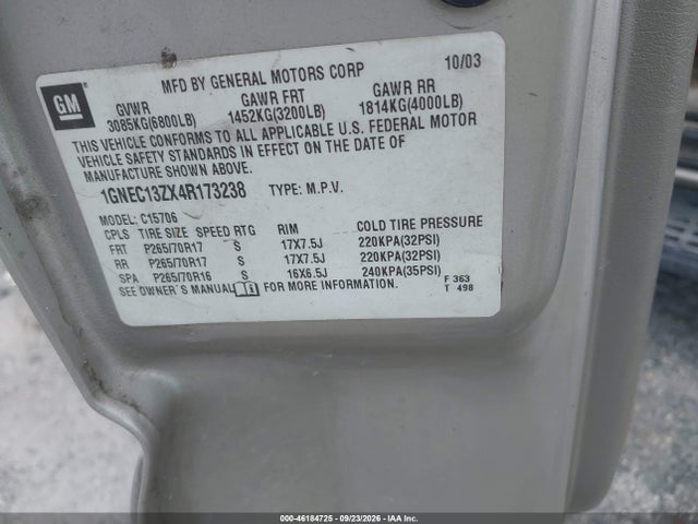 Продаж на аукціоні авто 2004 Chevrolet Tahoe Lt, vin: 1GNEC13ZX4R173238, номер лоту: 46184725