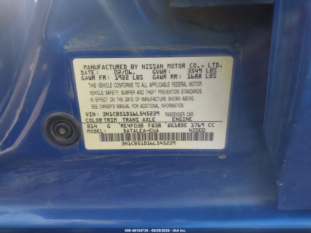 Продаж на аукціоні авто 2006 Nissan Sentra 1.8s, vin: 3N1CB51D16L545239, номер лоту: 46184726