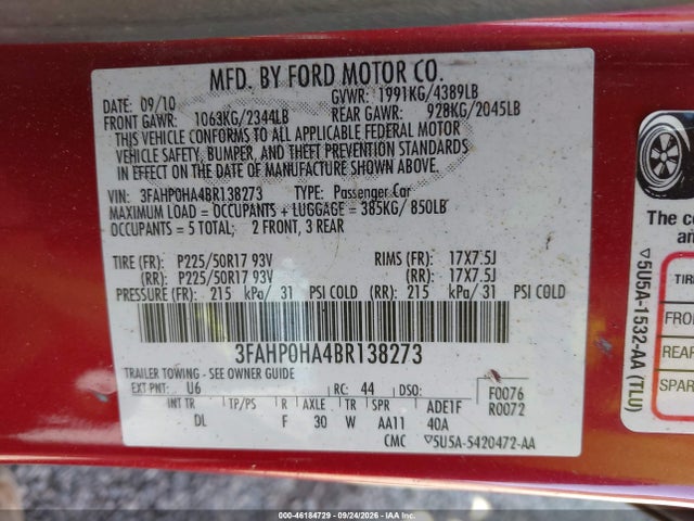 46184729 :رقم المزاد ، 3FAHP0HA4BR138273 vin ، 2011 Ford Fusion Se مزاد بيع