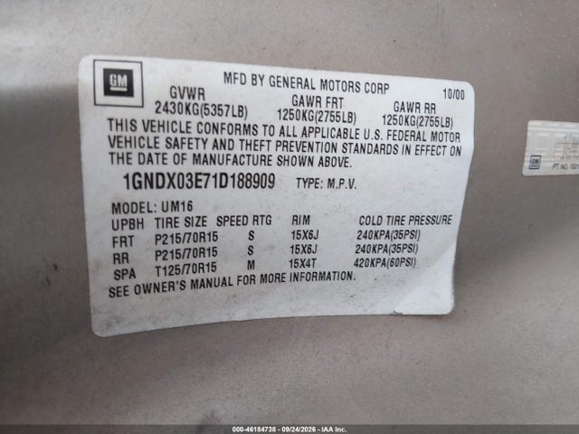 Aukcja sprzedaży 2001 Chevrolet Venture Ls, vin: 1GNDX03E71D188909, numer aukcji: 46184738