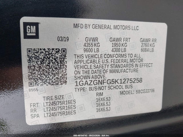 46184743 :رقم المزاد ، 1GAZGNFG5K1275258 vin ، 2019 Chevrolet Express 3500 Ls مزاد بيع