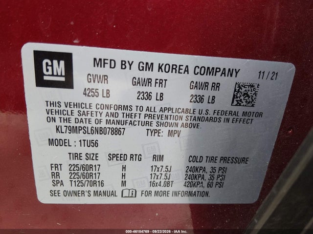 Продаж на аукціоні авто 2022 Chevrolet Trailblazer Fwd Lt, vin: KL79MPSL6NB078867, номер лоту: 46184769