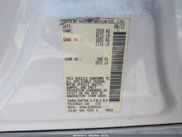 2013 Nissan Altima 2.5 S მანქანა იყიდება აუქციონზე, vin: 1N4AL3AP5DC126132, აუქციონის ნომერი: 46184772