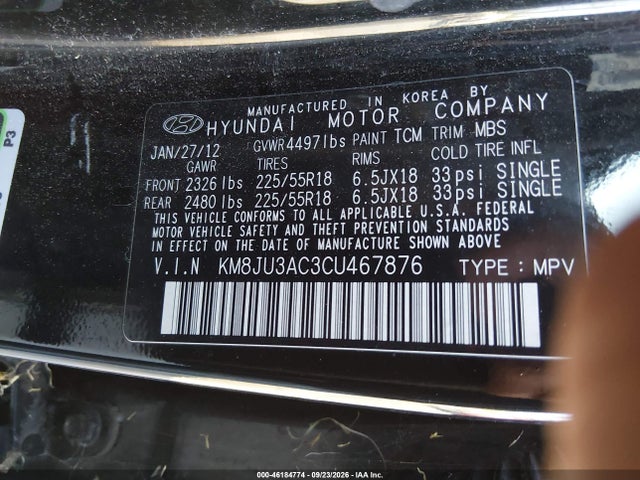 2012 Hyundai Tucson Limited მანქანა იყიდება აუქციონზე, vin: KM8JU3AC3CU467876, აუქციონის ნომერი: 46184774
