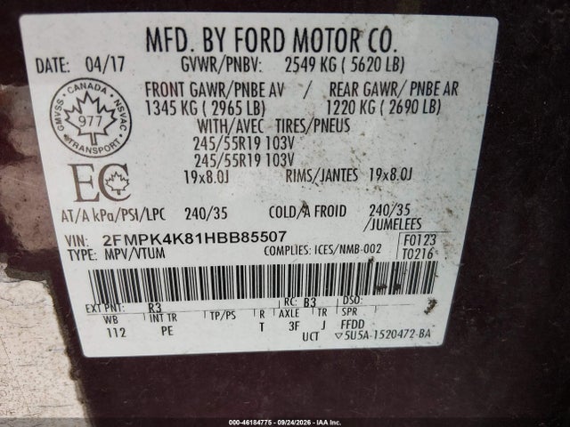 Продажа на аукционе авто 2017 Ford Edge Titanium, vin: 2FMPK4K81HBB85507, номер лота: 46184775