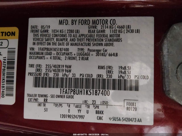 Продажа на аукционе авто 2019 Ford Mustang Ecoboost Premium, vin: 1FATP8UH1K5187400, номер лота: 46184778