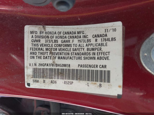 Продажа на аукционе авто 2011 Honda Civic Ex, vin: 2HGFA1F81BH528818, номер лота: 46184785