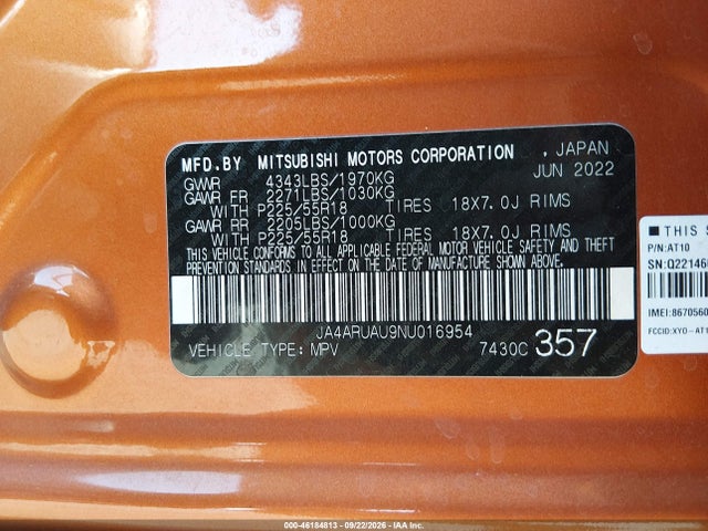 JA4ARUAU9NU016954 Mitsubishi Outlander Sport 2.0 Es Awc