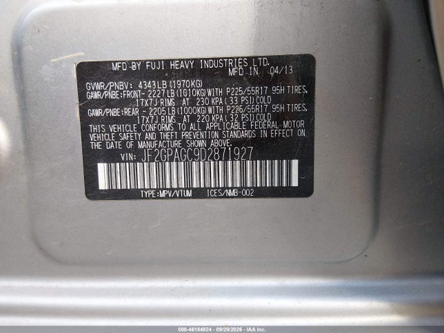 46184824 :رقم المزاد ، JF2GPAGC9D2871927 vin ، 2013 Subaru Xv Crosstrek 2.0i Limited مزاد بيع