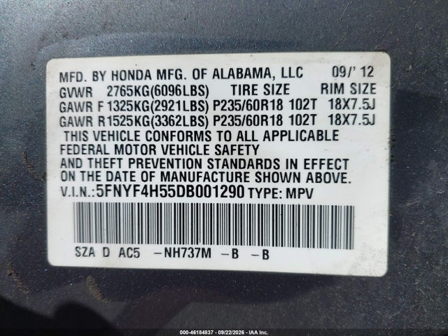 Продаж на аукціоні авто 2013 Honda Pilot Ex-l, vin: 5FNYF4H55DB001290, номер лоту: 46184837