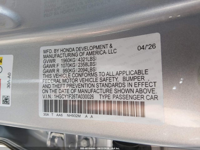2026 Honda Accord Lx მანქანა იყიდება აუქციონზე, vin: 1HGCY1F26TA030026, აუქციონის ნომერი: 46184844