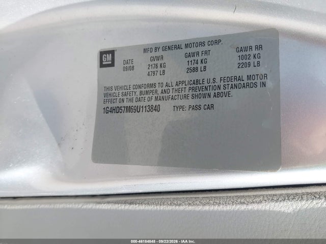 46184848 :رقم المزاد ، 1G4HD57M69U113840 vin ، 2009 Buick Lucerne Cxl مزاد بيع