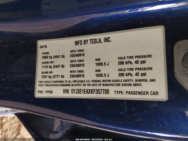 46184849 :رقم المزاد ، 5YJ3E1EAXKF357700 vin ، 2019 Tesla Model 3 مزاد بيع