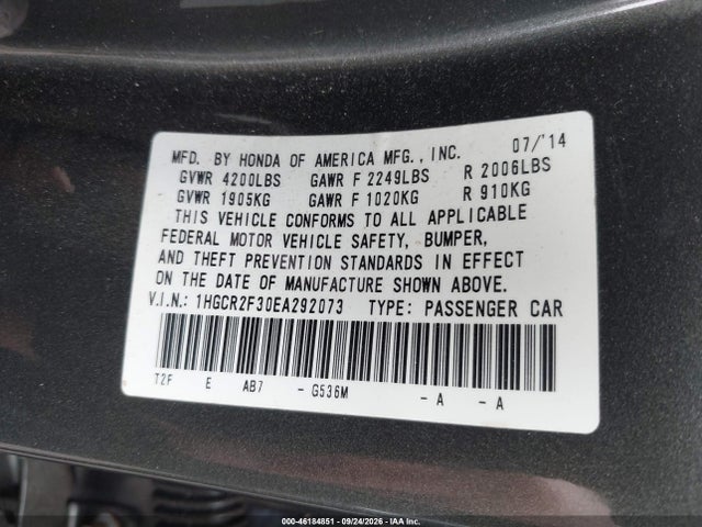 Продажа на аукционе авто 2014 Honda Accord Lx, vin: 1HGCR2F30EA292073, номер лота: 46184851
