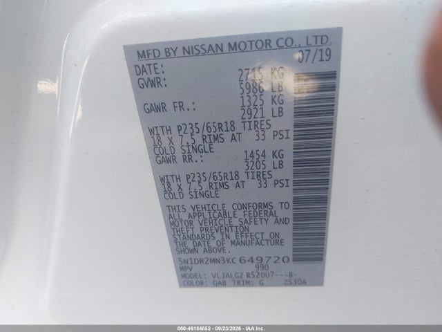 Продажа на аукционе авто 2019 Nissan Pathfinder Sl, vin: 5N1DR2MN3KC649720, номер лота: 46184853