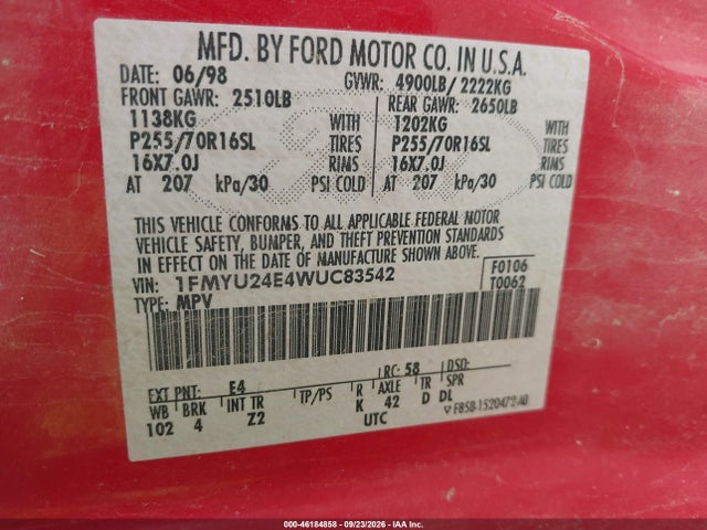 Aukcja sprzedaży 1998 Ford Explorer Sport, vin: 1FMYU24E4WUC83542, numer aukcji: 46184858