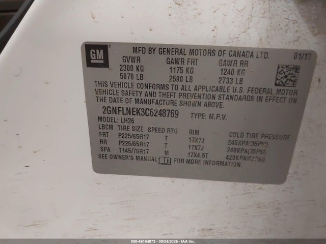 46184873 :رقم المزاد ، 2GNFLNEK3C6248769 vin ، 2012 Chevrolet Equinox 2lt مزاد بيع