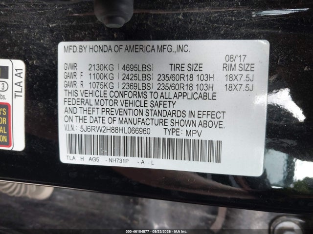 2017 Honda Cr-v Ex-l/ex-l Navi მანქანა იყიდება აუქციონზე, vin: 5J6RW2H88HL066960, აუქციონის ნომერი: 46184877